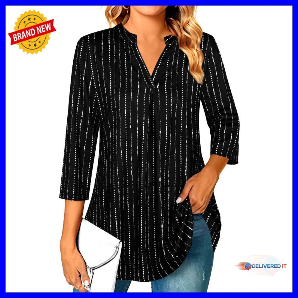 Chiffon 3/4 Sleeve V Neck Blouse Elegant Work Casual Flowy Tunic Top